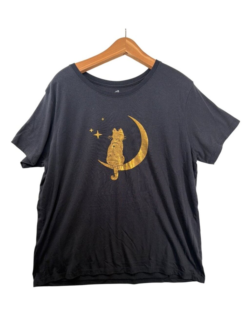 Way to Celebrate Womens T-Shirt Sz XXL Plus Black/Gold Halloween Cat/Moon Spooky